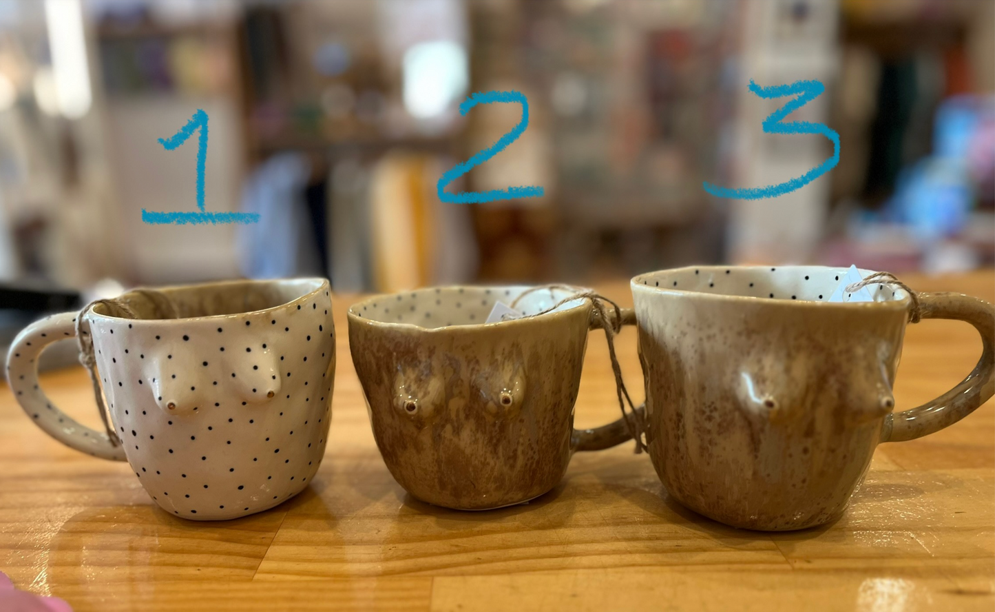 Mae buttons August boobie mugs